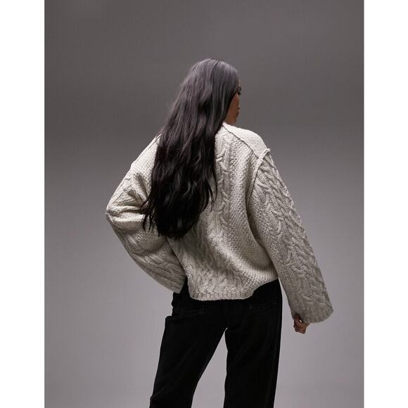 TOPSHOP Women's Knitted Drop Shoulder Cable Detail Jumper Size 0-2 In Oat - Picture 3 of 11